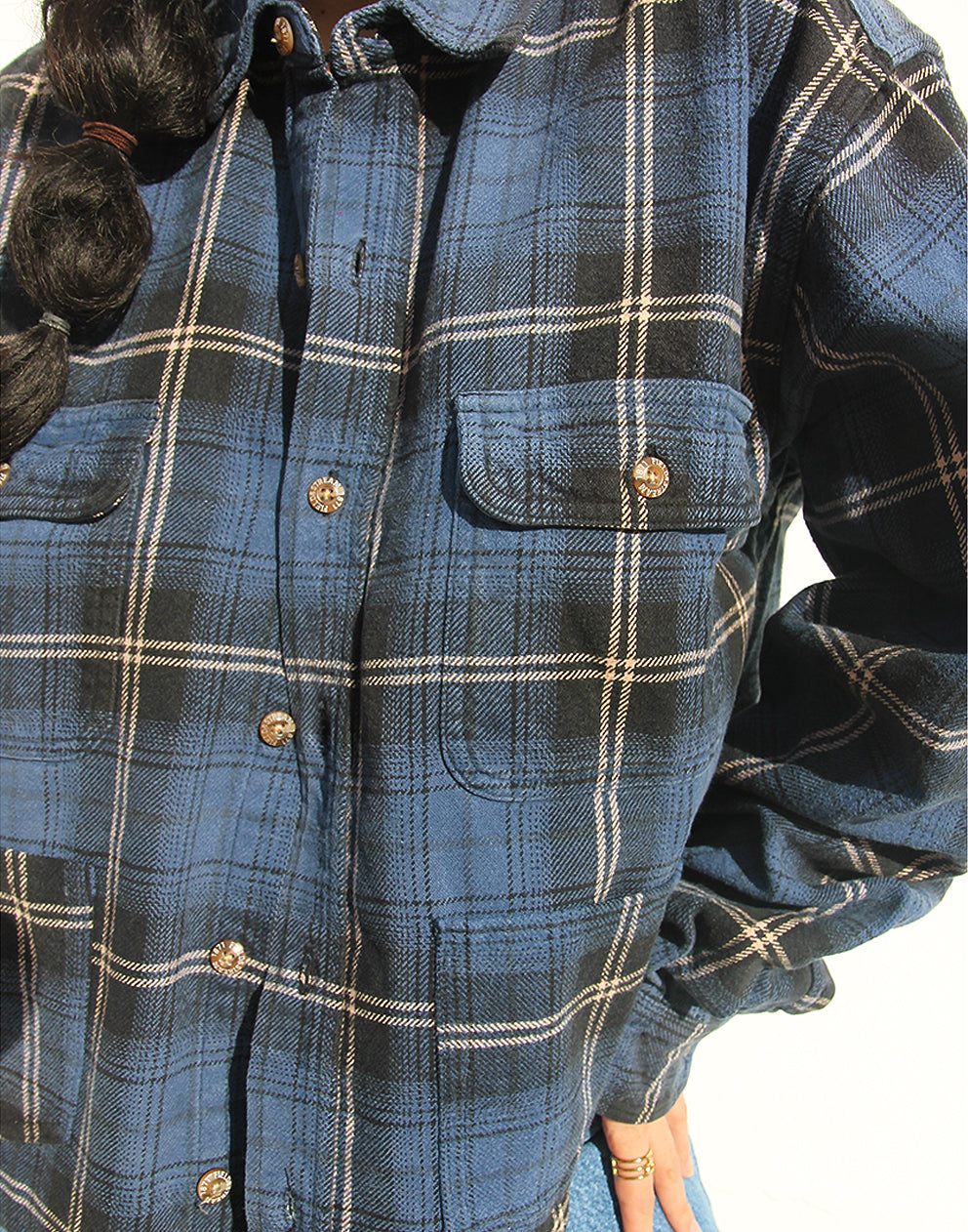 Person wearing a blue plaid shirt and jeans against a white background