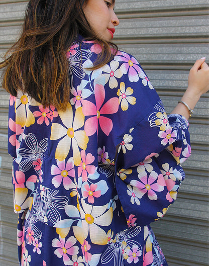 Original Vintage Blue & Pink Floral Kimono Cotton Duster Jacket