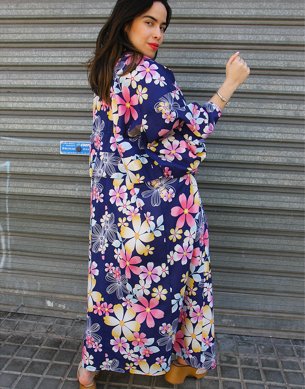 Original Vintage Blue & Pink Floral Kimono Cotton Duster Jacket