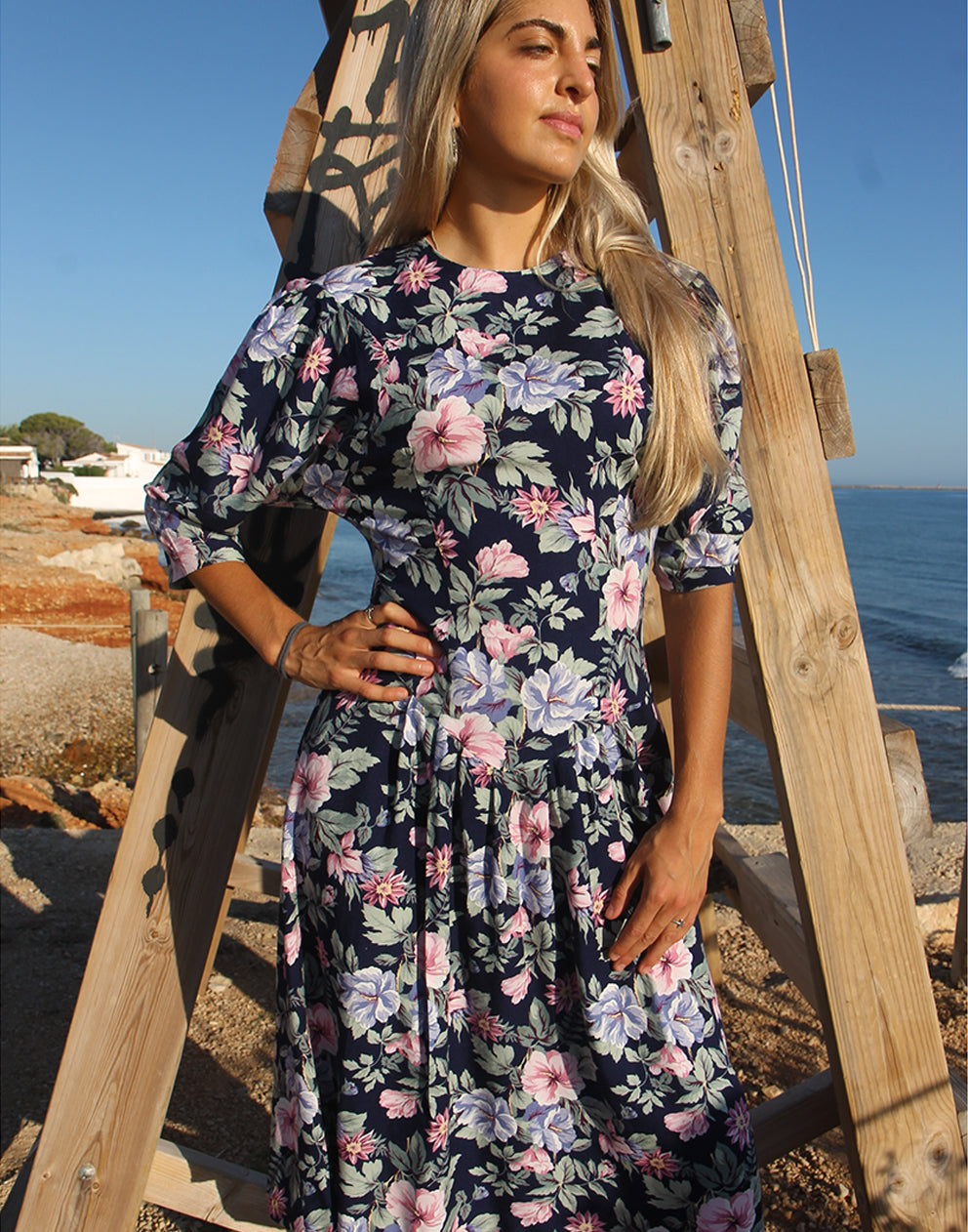 Navy Floral Midi Dress