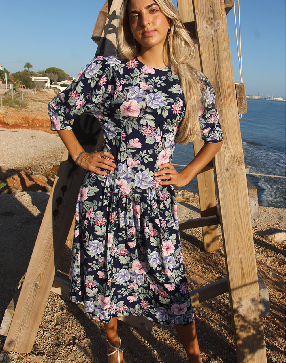 Navy Floral Midi Dress