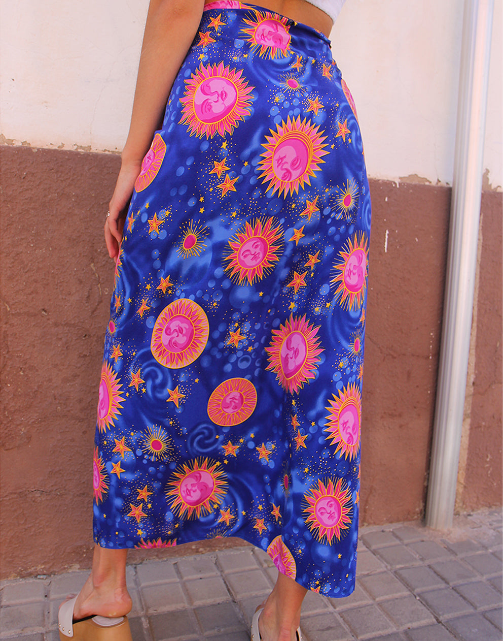 Blue & Pink Print Wrap Midi Skirt
