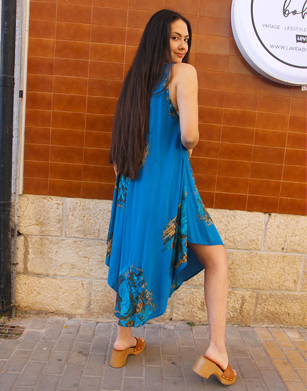 Blue Printed Sleeveless Dress