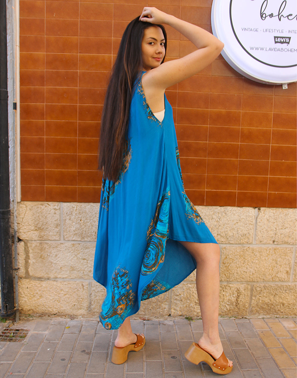 Blue Printed Sleeveless Dress