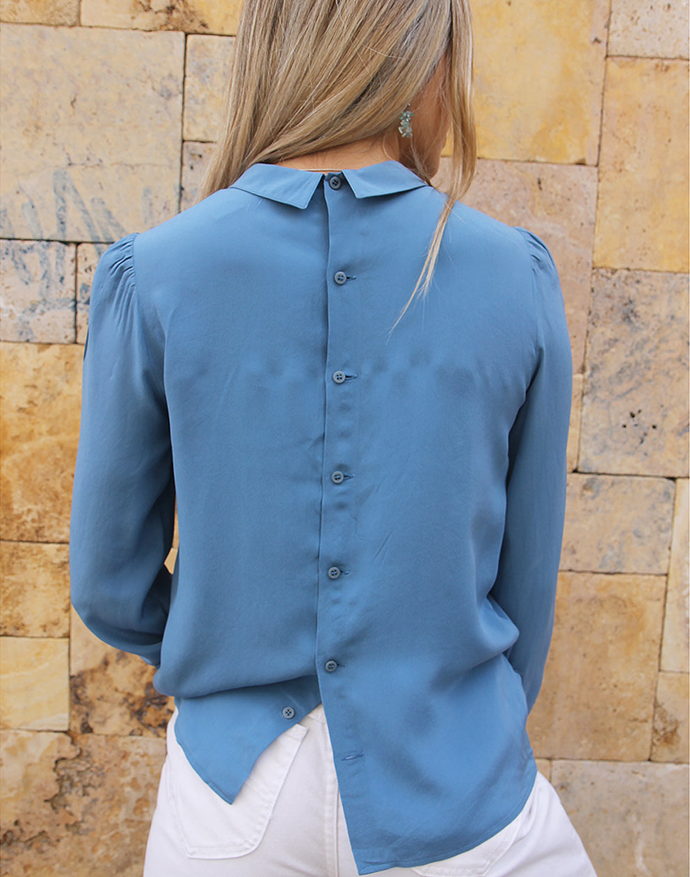Blue Silk Top with Rear Buttons