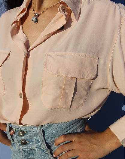 Vintage Blush Pink Silk Long Sleeve Shirt