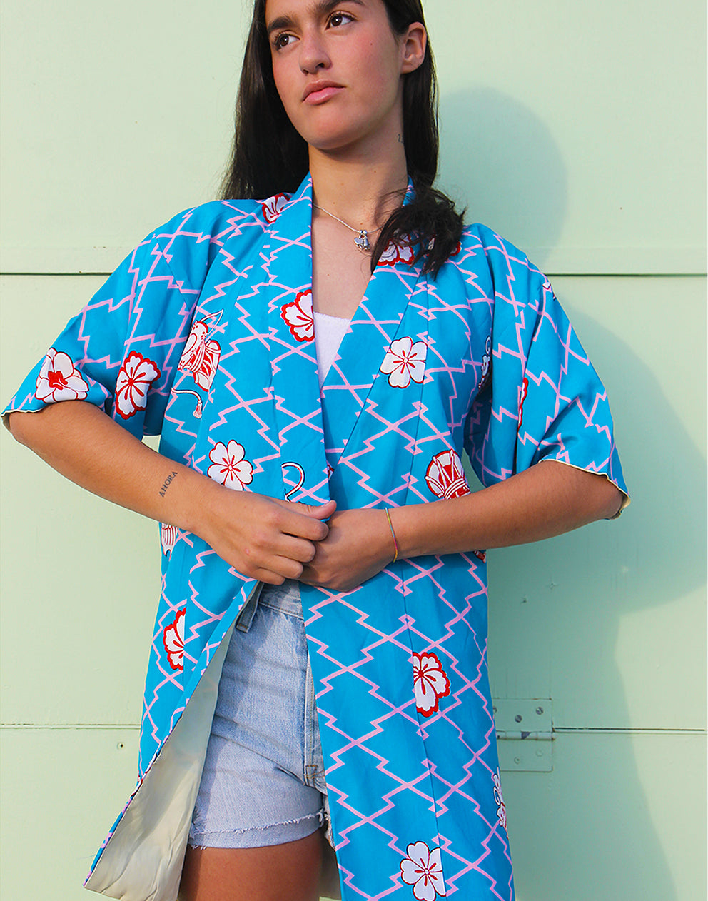 Original Vintage Blue & Pink Print Kimono Jacket