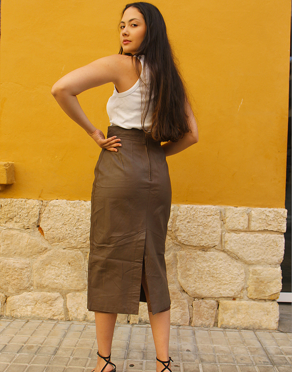 Brown Leather Midi Skirt