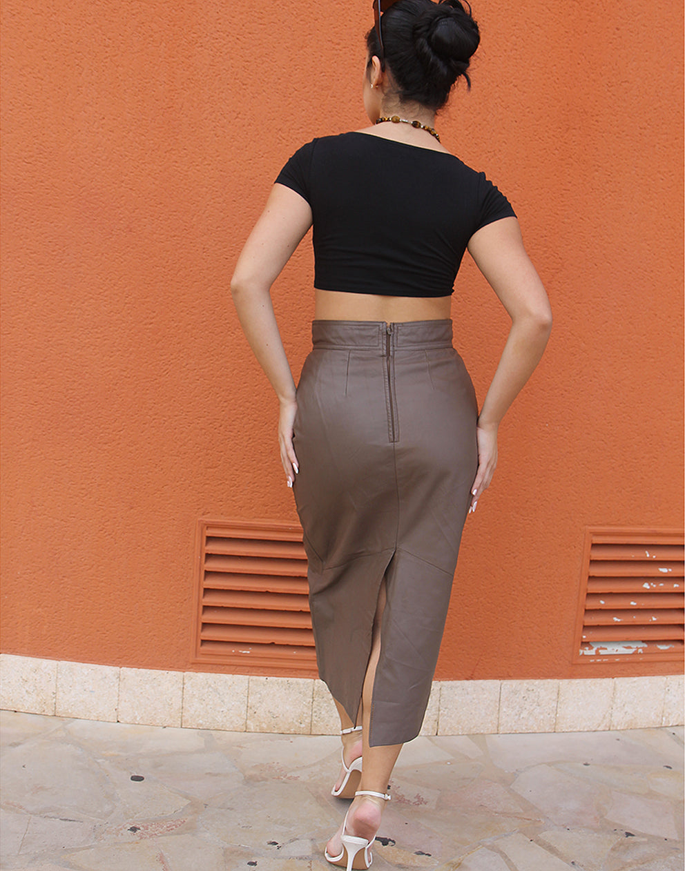 Brown Leather Midi Skirt