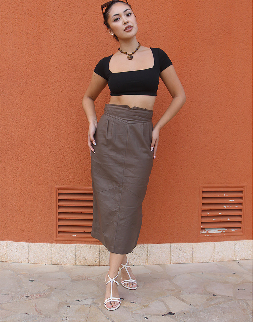 Brown Leather Midi Skirt