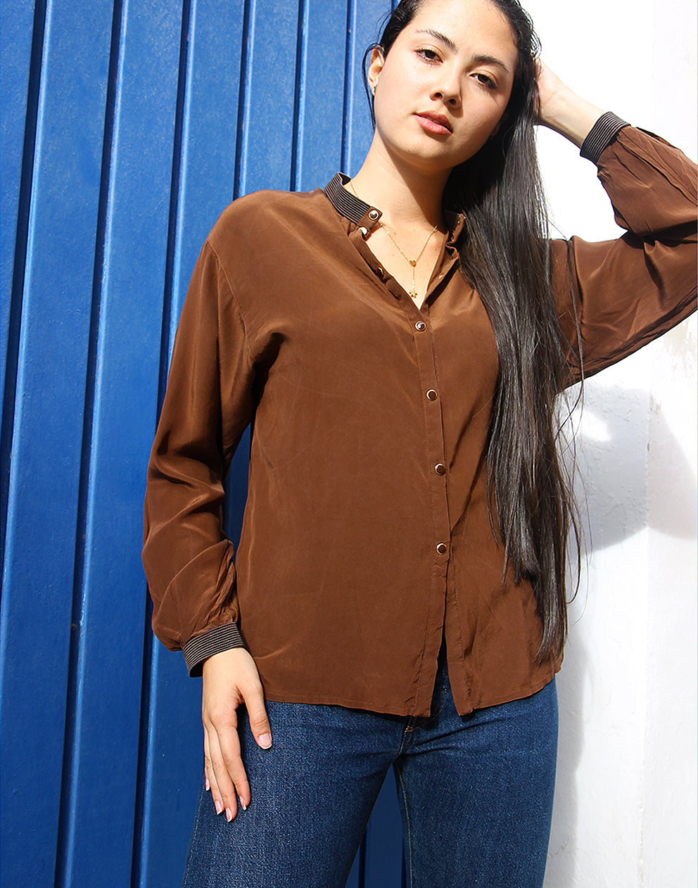 front brown silk shirt long sleeves