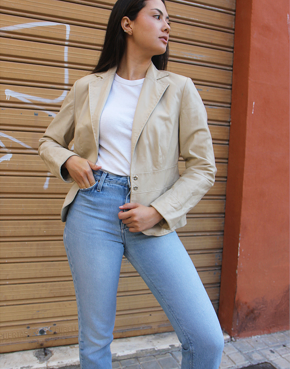 CREAM LEATHER BLAZER 