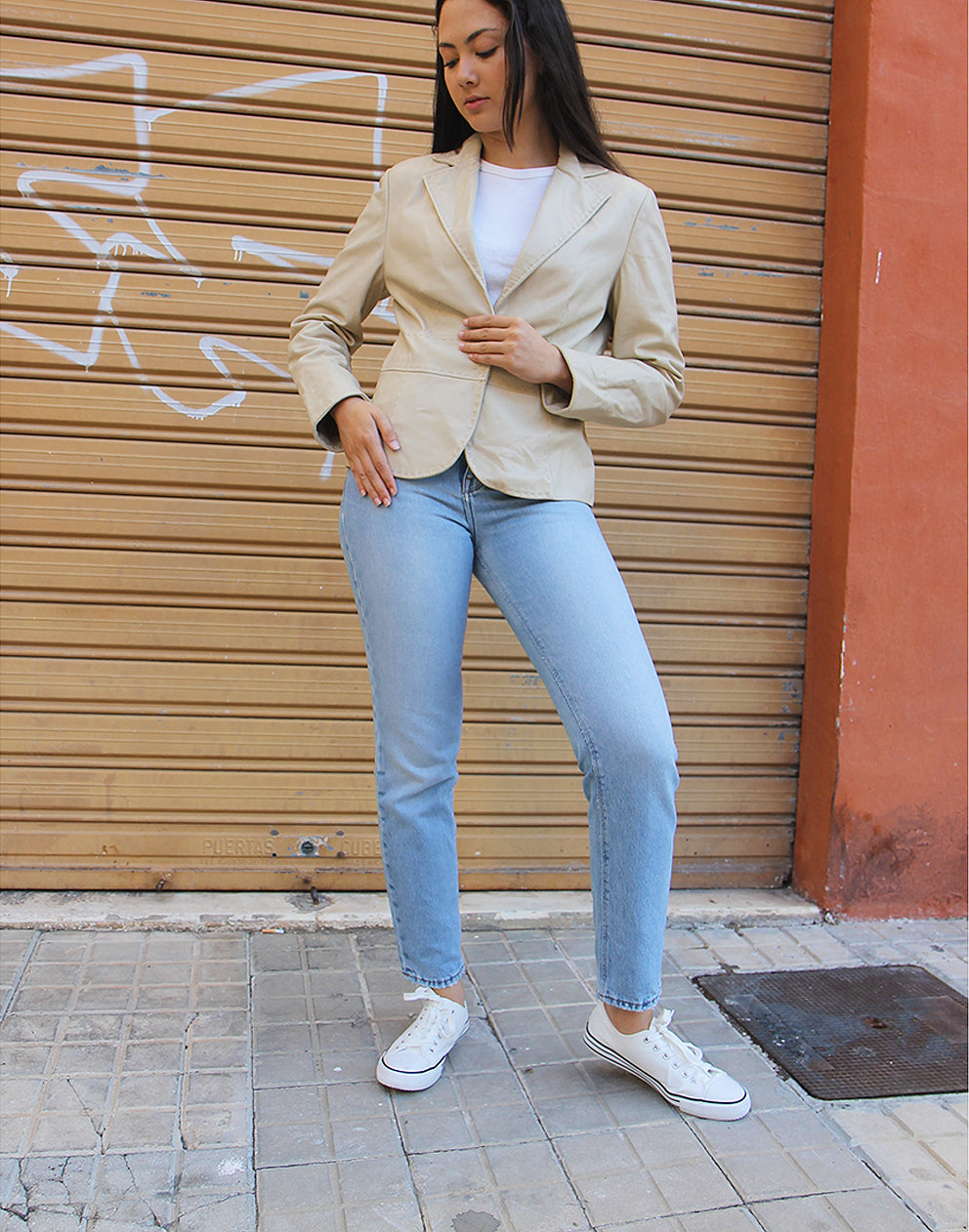 CREAM LEATHER BLAZER 