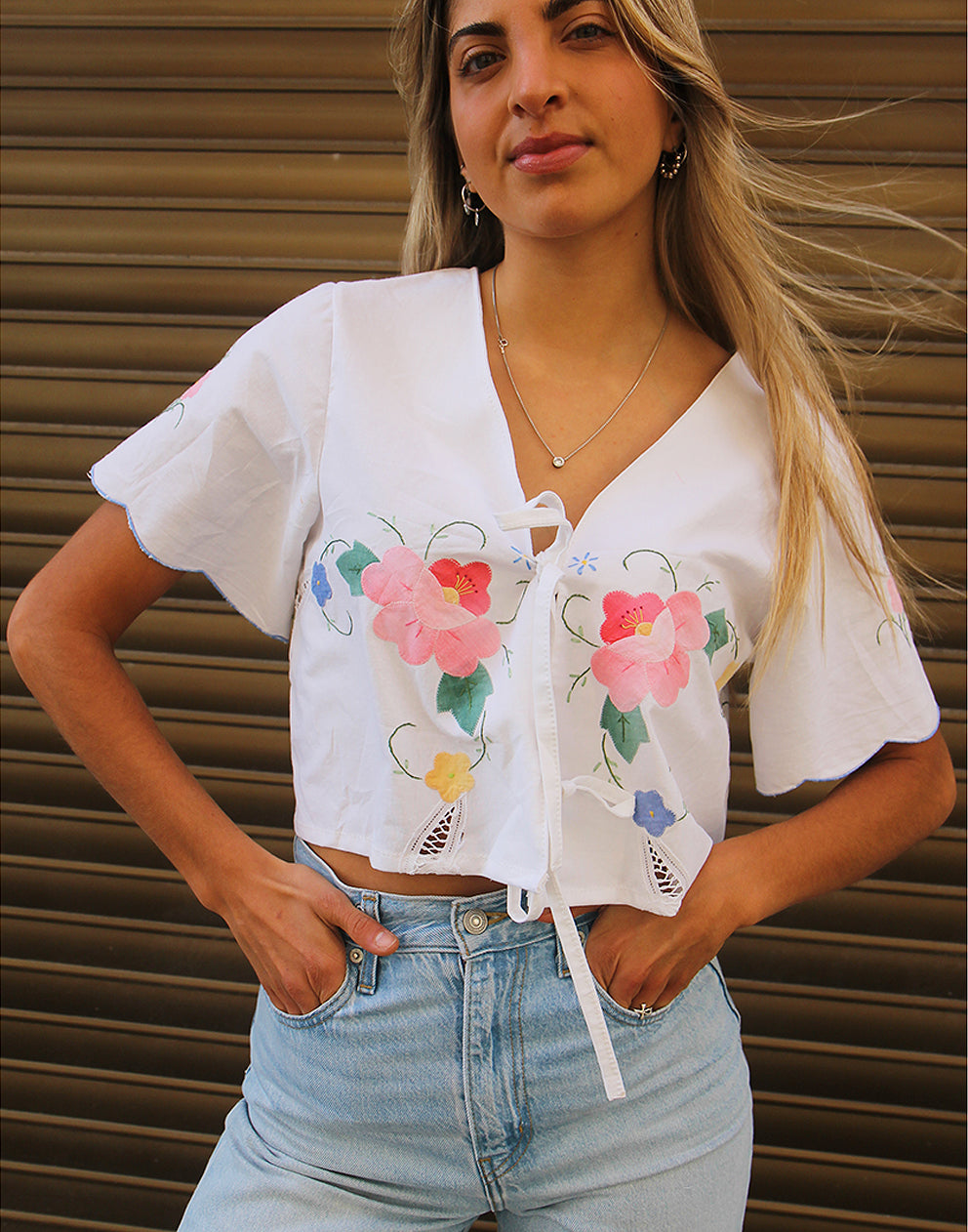 Embroidered Tie Front Blouse 