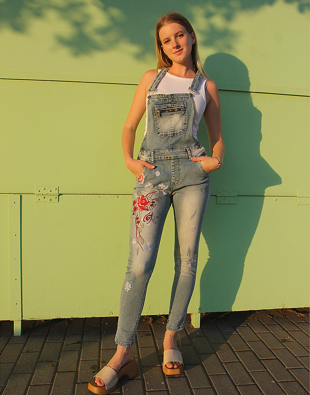 long dungaree overalls with floral embroidery