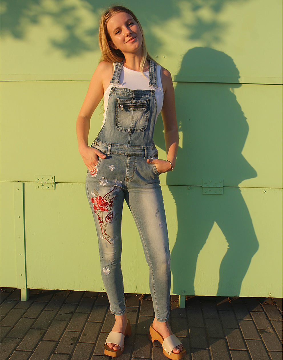 long dungaree overalls with floral embroidery