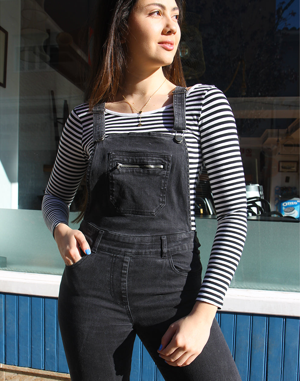 Womens Dungarees in Faded Black
