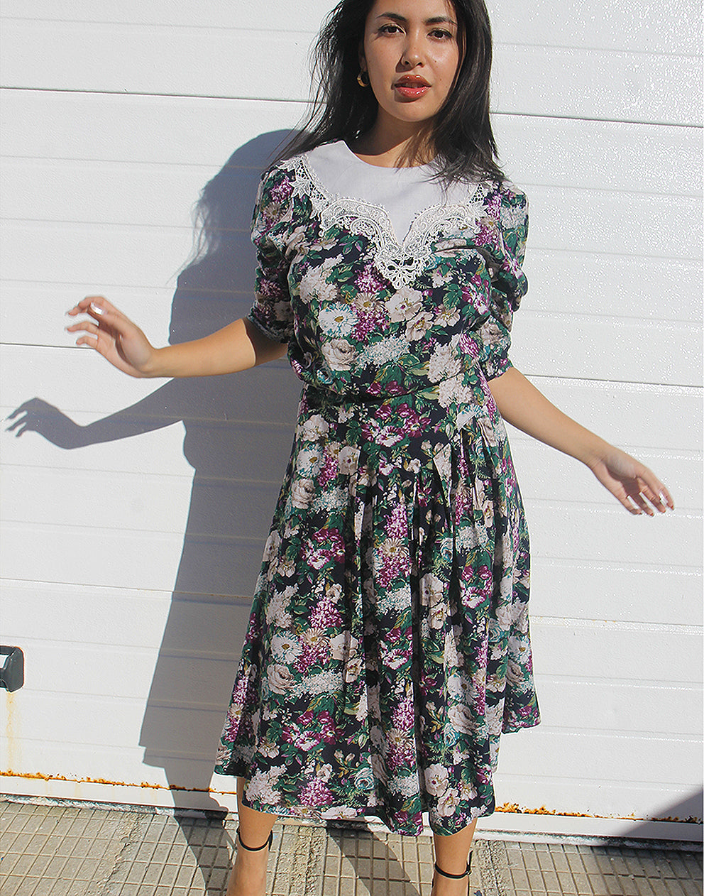 80s midi dress Vintage 80s slate drop waist midi dress with bow Mondo Archive