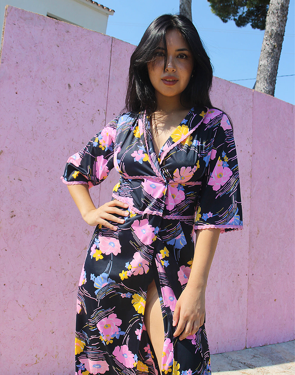Navy Blue Floral Wrap Dress