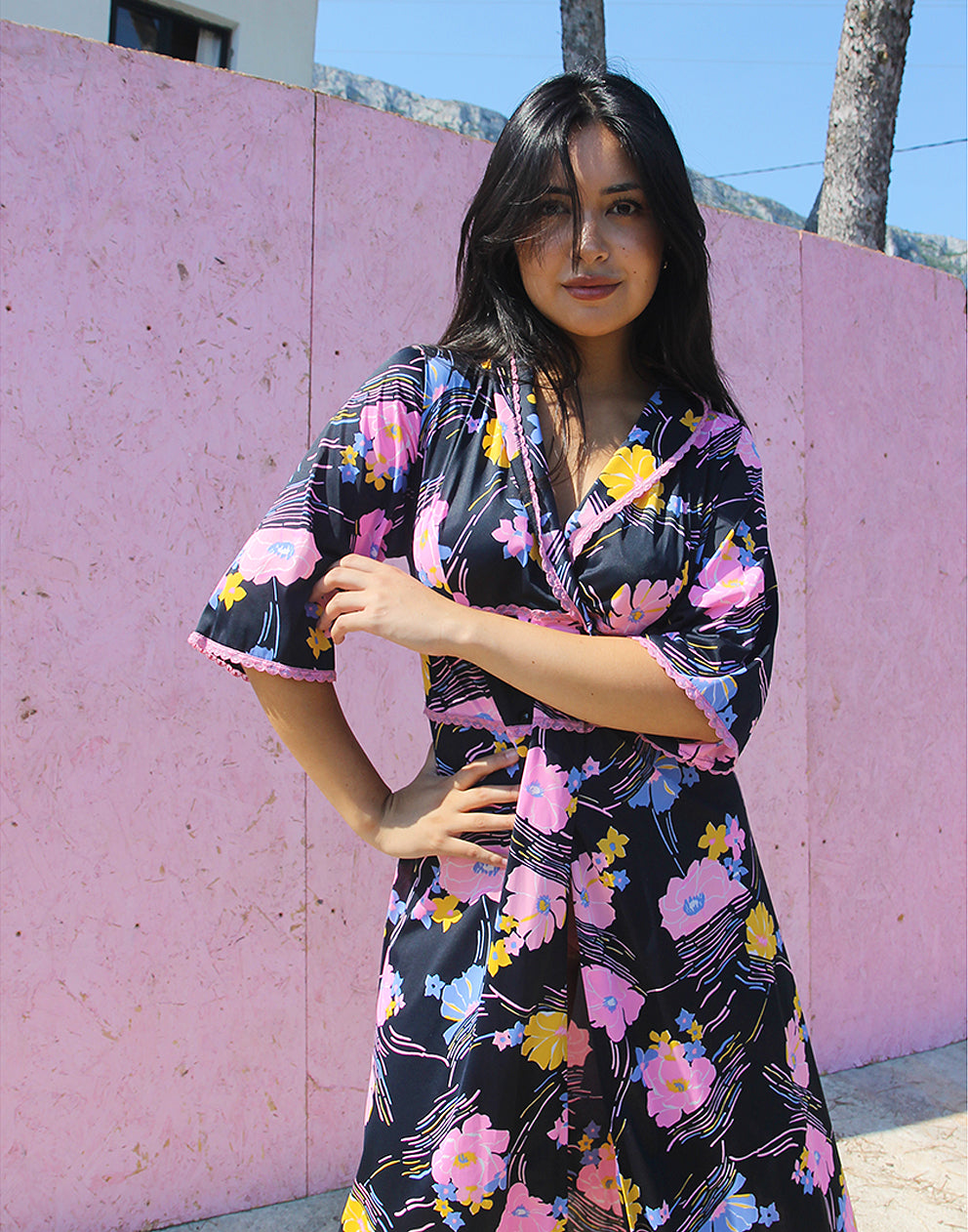 Navy Blue Floral Wrap Dress