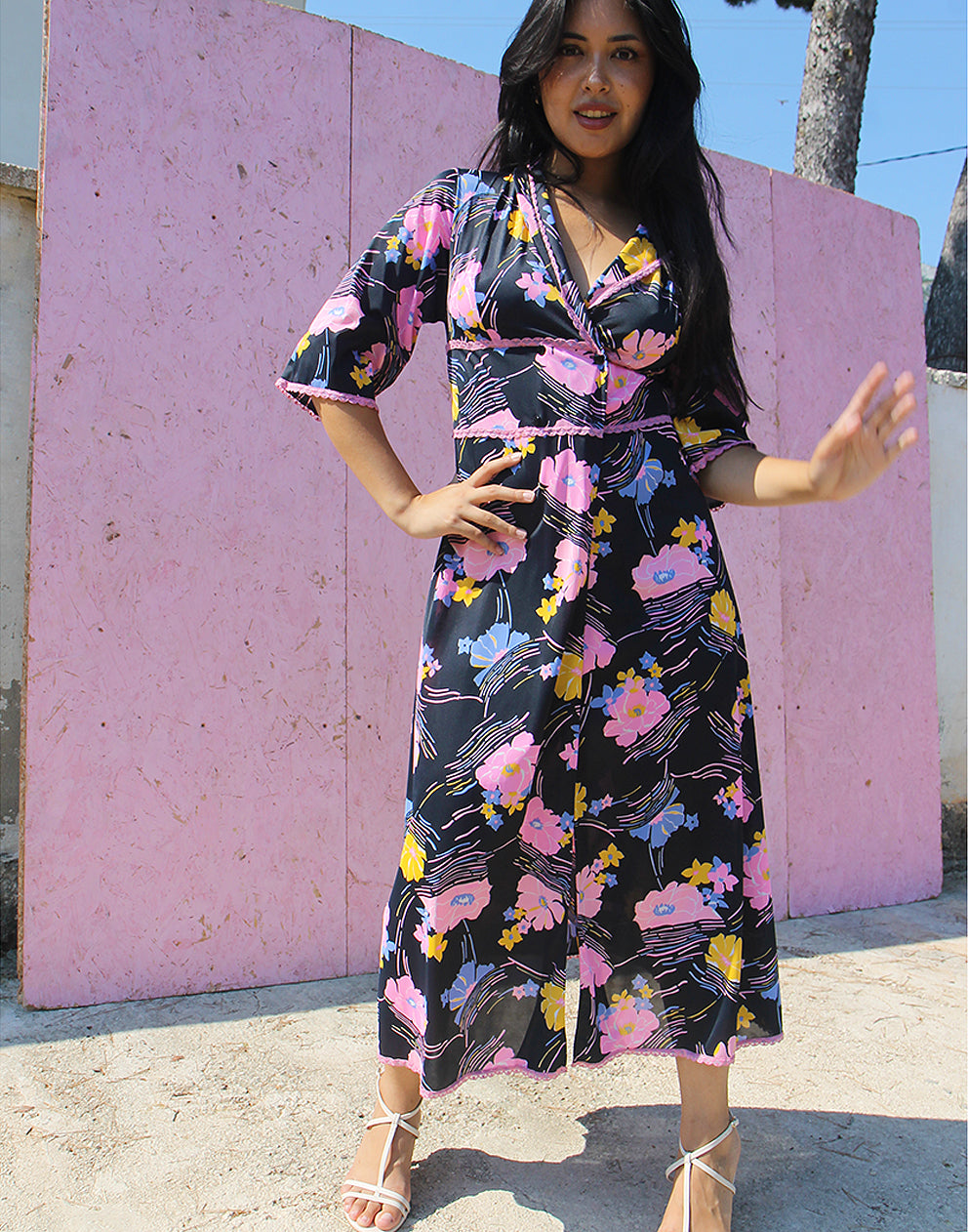 Navy Blue Floral Wrap Dress