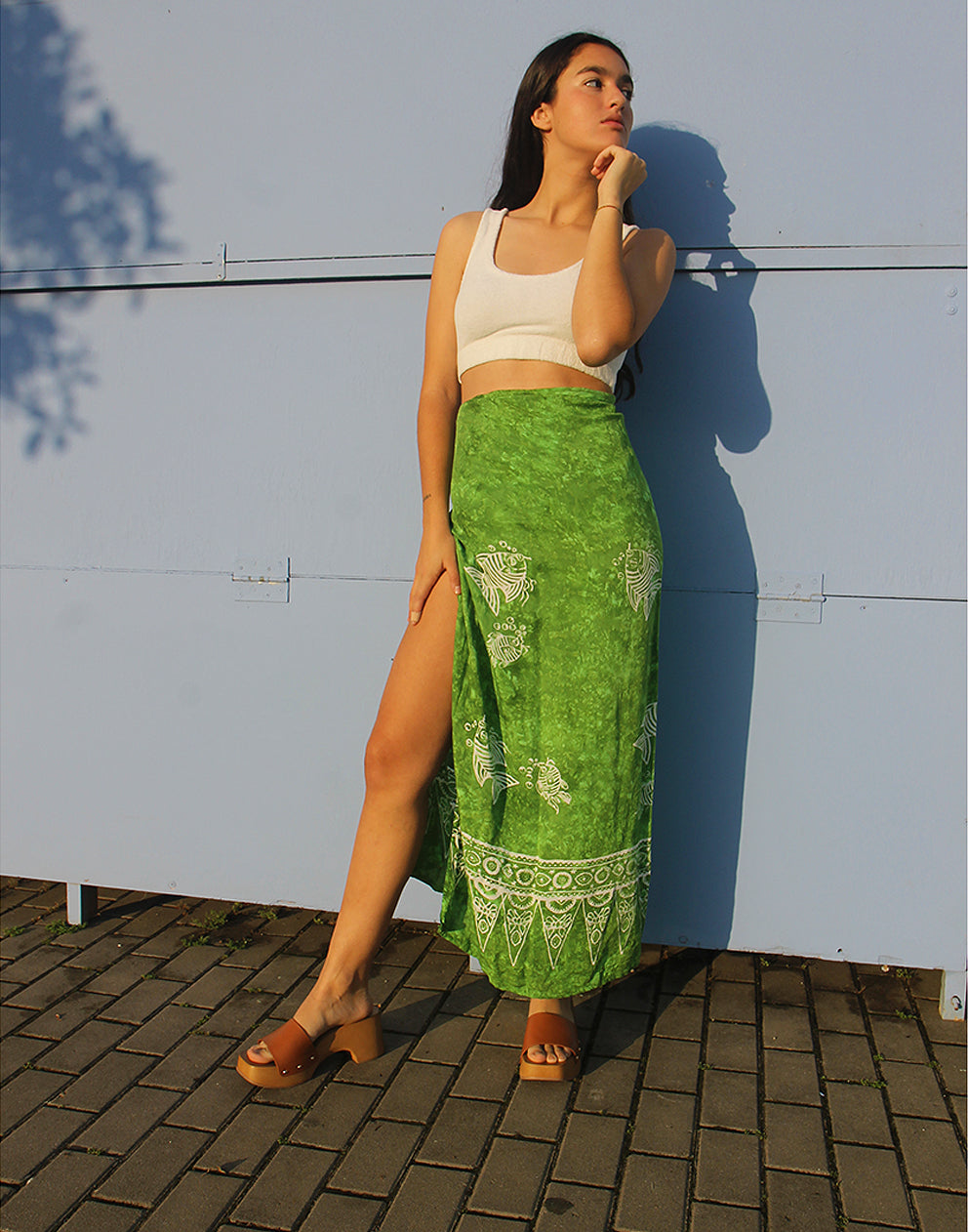 Beach Skirt in Green & White Print