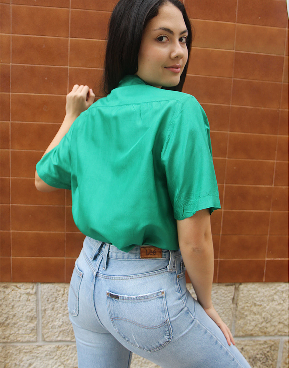 Green Silk Shirt with Short Sleeves