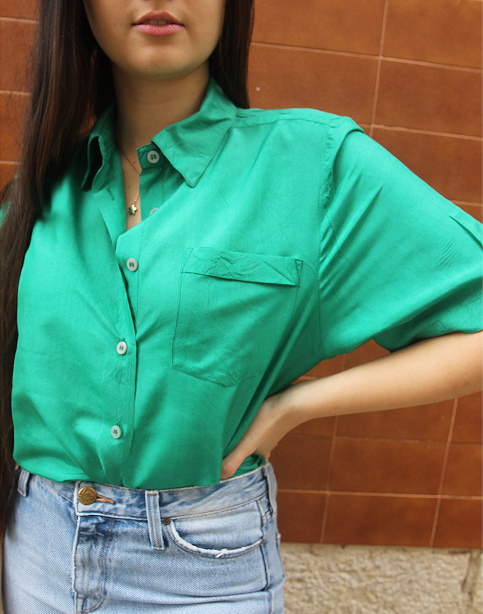 Green Silk Shirt with Short Sleeves