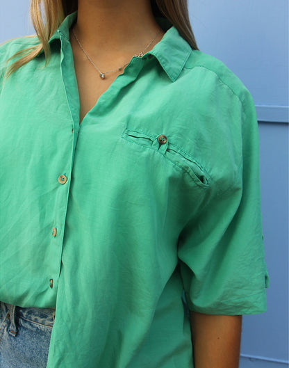 Green Silk Mix Oversized Fit Short Sleeve Shirt