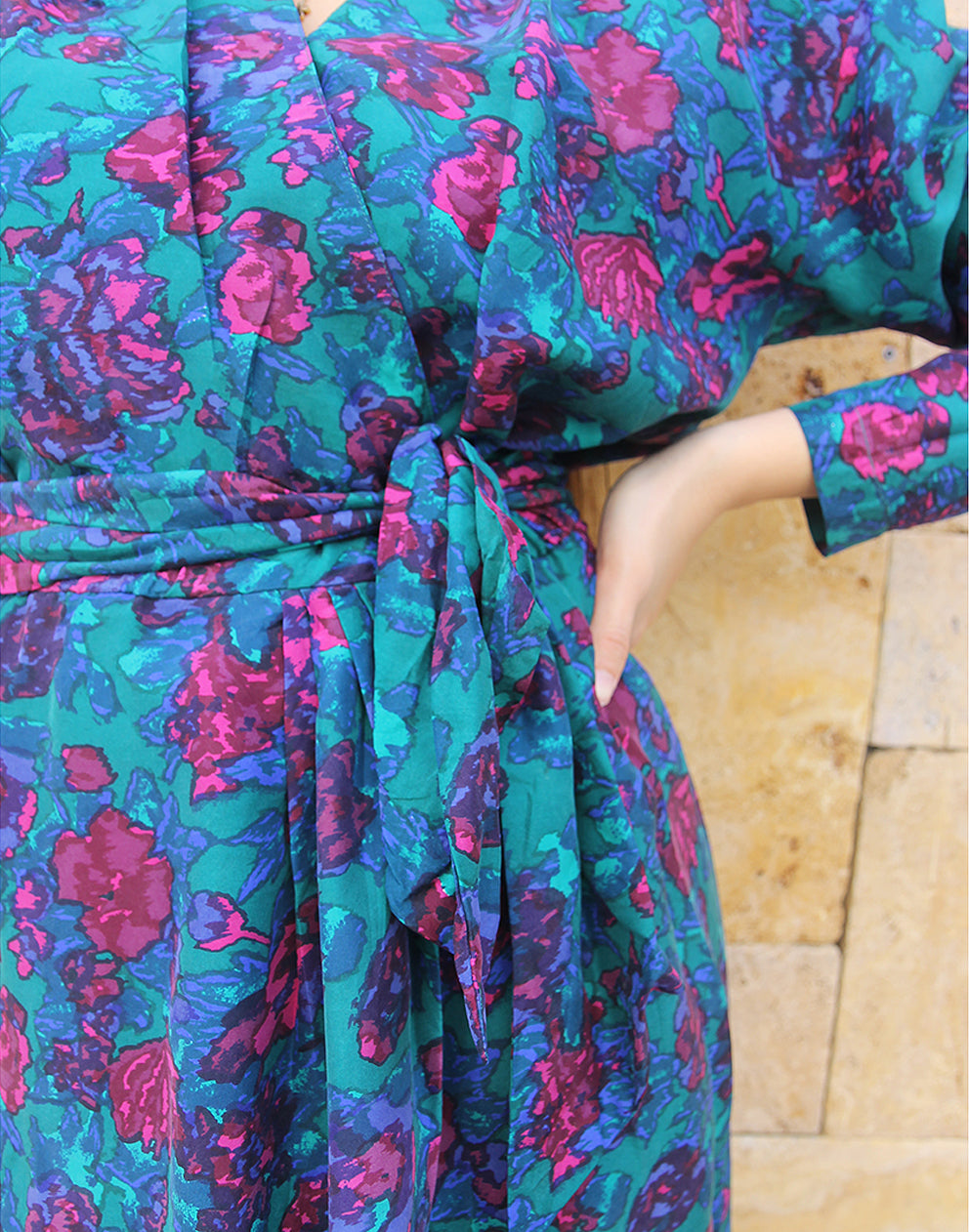 Long Sleeve Silk Wrap Dress in Green & Pink