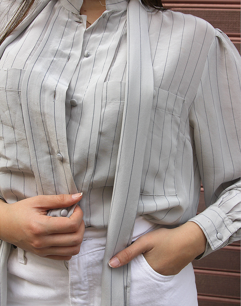Pale Grey Silk Blouse with Neck Tie 