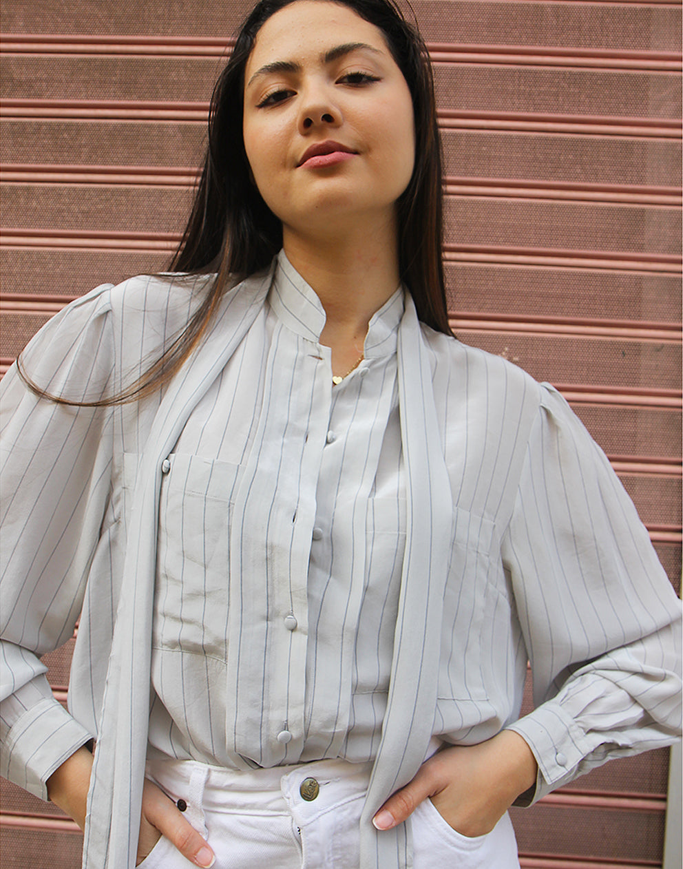 Pale Grey Silk Blouse with Neck Tie 