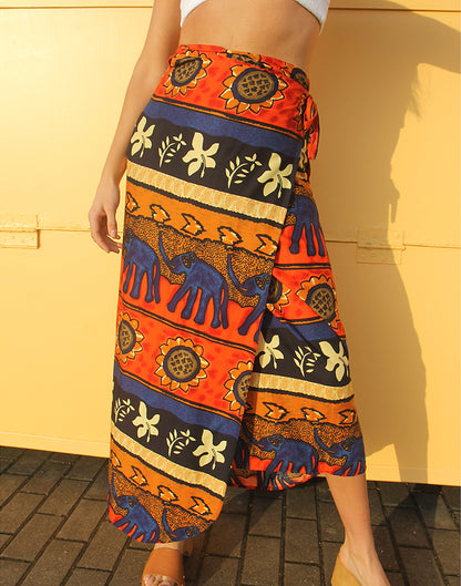 Orange & Navy Blue Hippie Floral Print Long Vintage Wrap Skirt