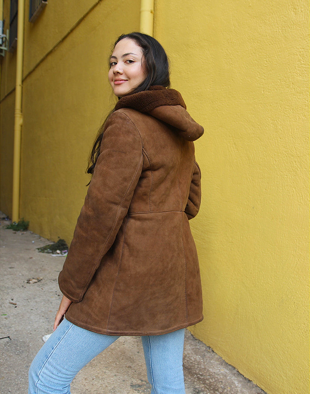 Hooded shearling coat online