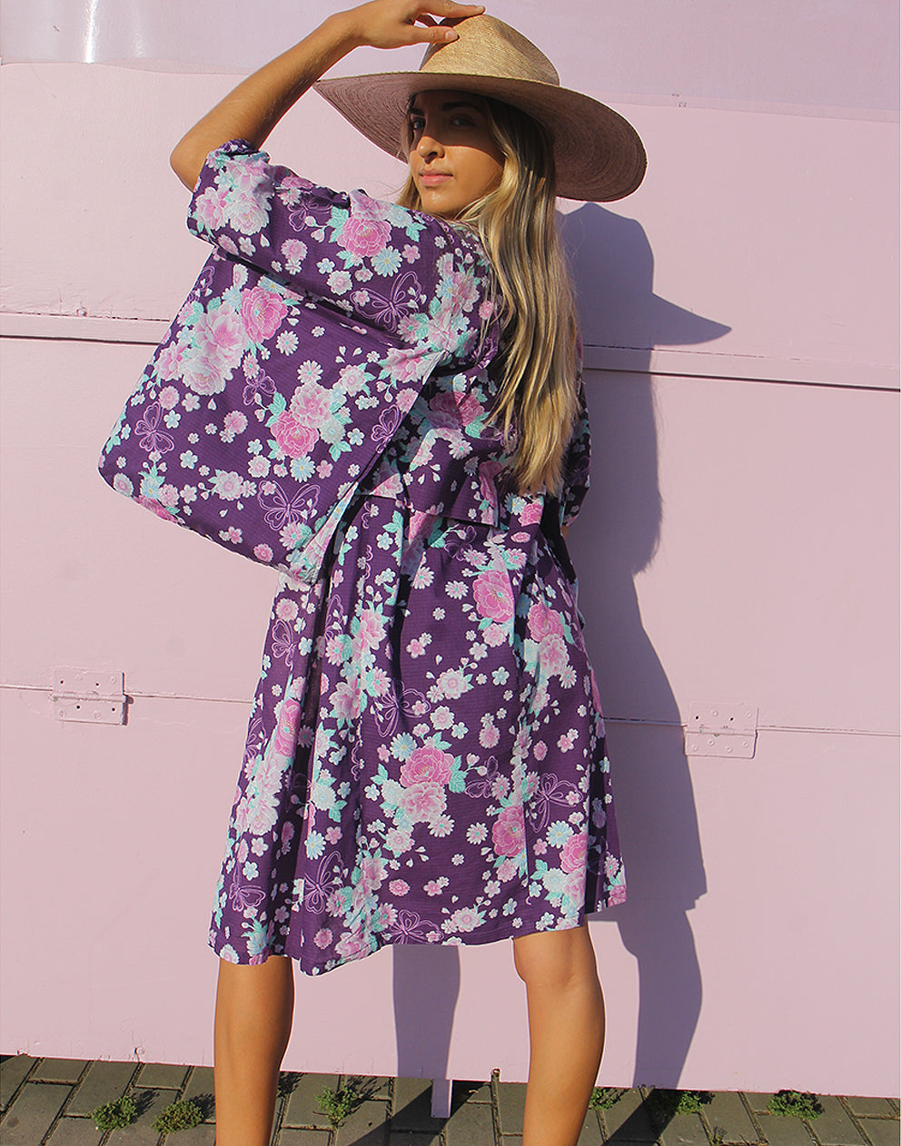 Kimono Robe in Purple Floral Printed Cotton