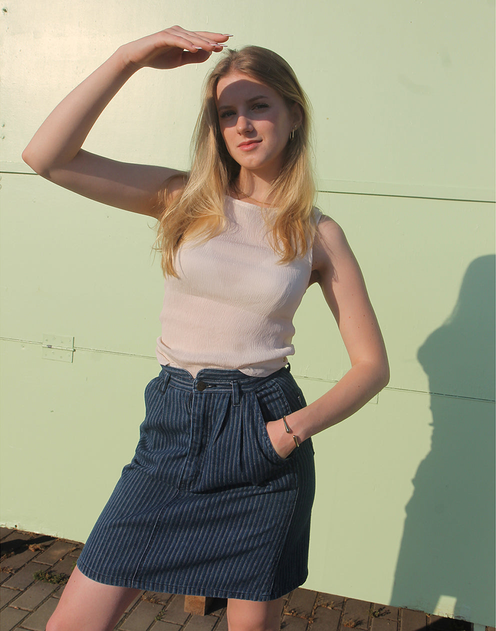 Minifalda vaquera azul con raya diplomática