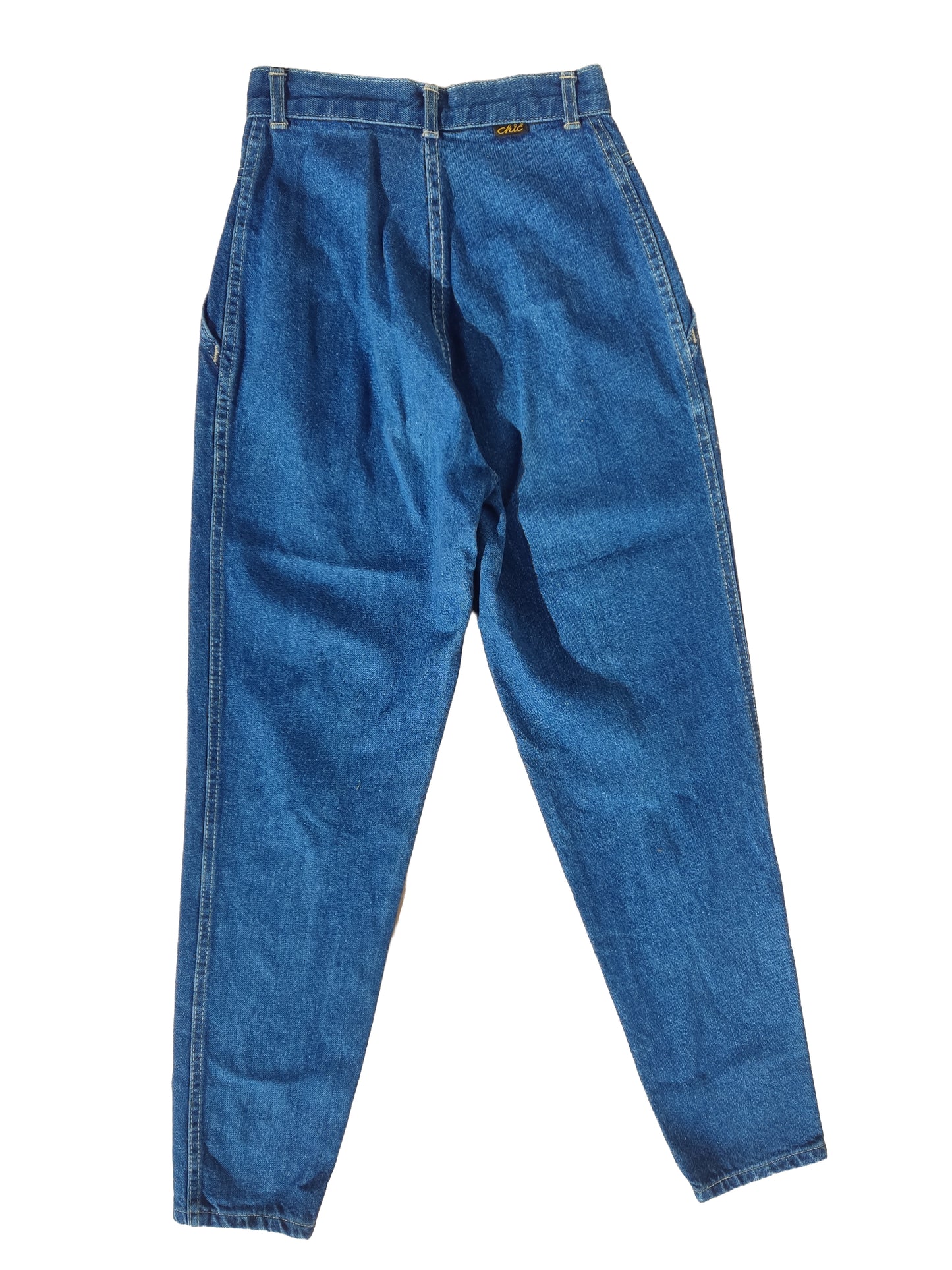 REAR OF 90S STYLE VINTAGE BLUE MOM JEANS