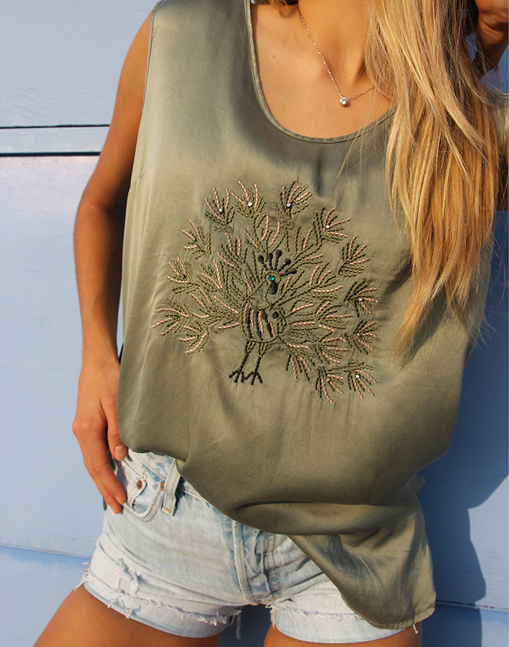Sage Green Sleeveless Silk Vest Top with Embroidery