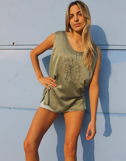 Sage Green Sleeveless Silk Vest Top with Embroidery