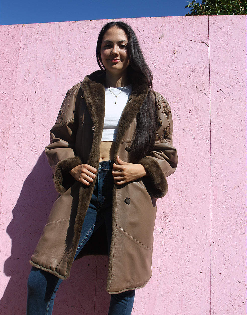 Brown Leather Coat with Faux Fur
