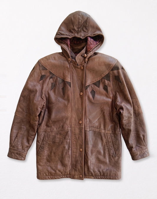 Brown Leather Hooded Coat