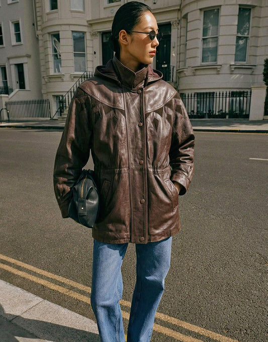 Brown Leather Hooded Coat