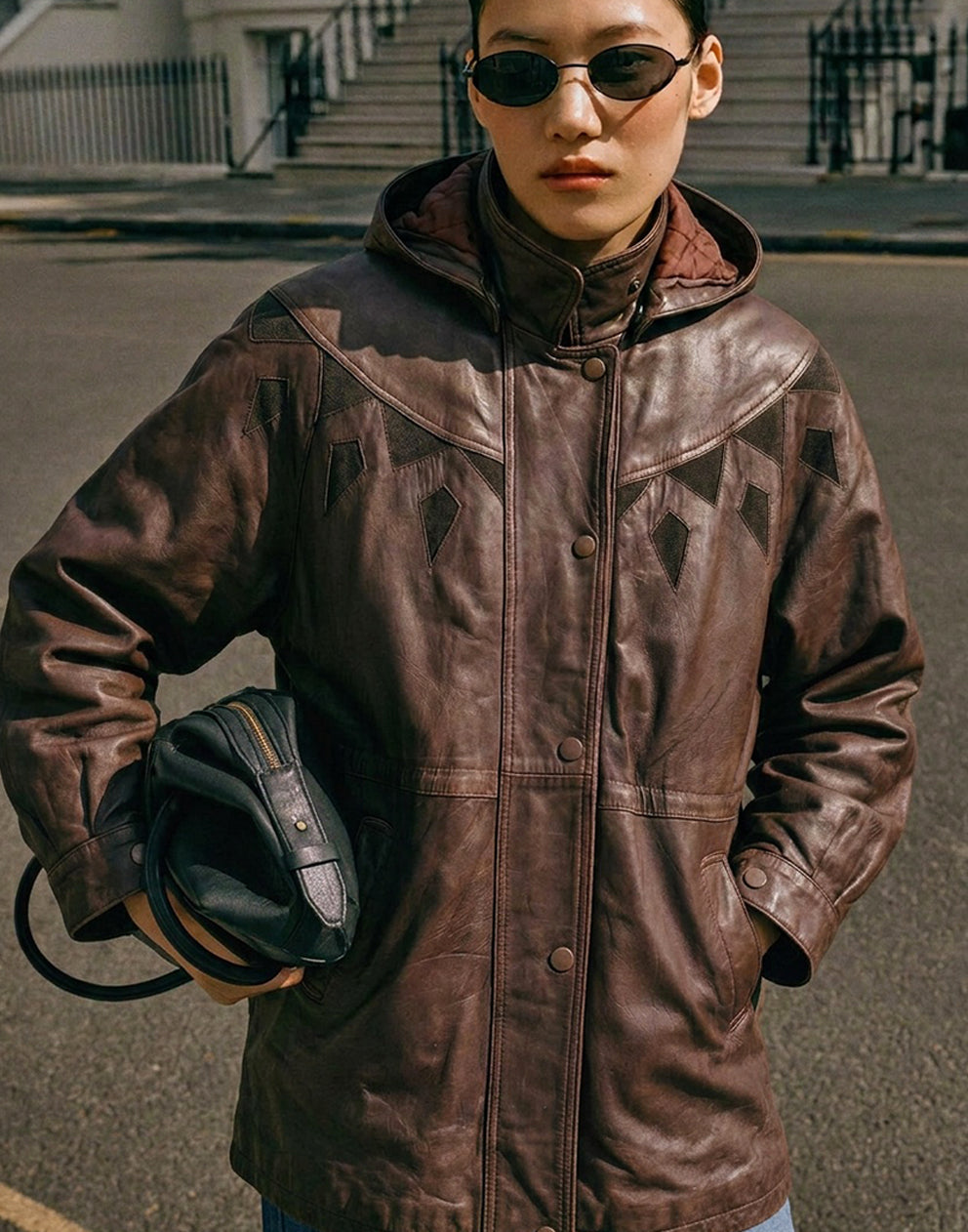Brown Leather Hooded Coat