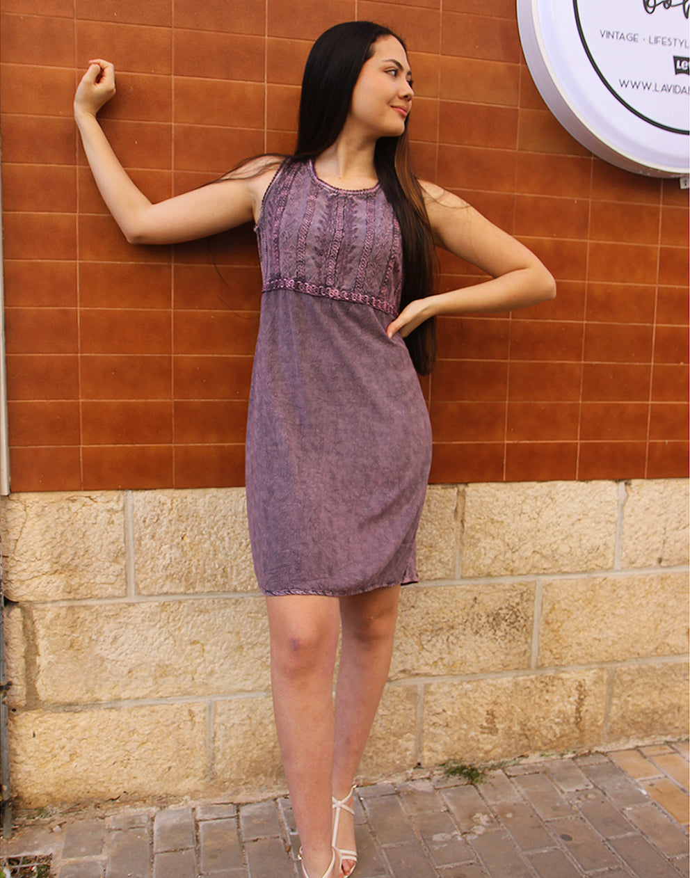 Boho Embroidered Sleeveless Dress in Purple