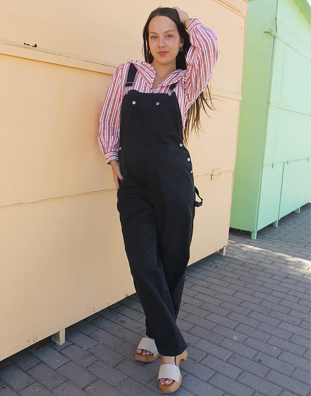 Black denim overalls for women