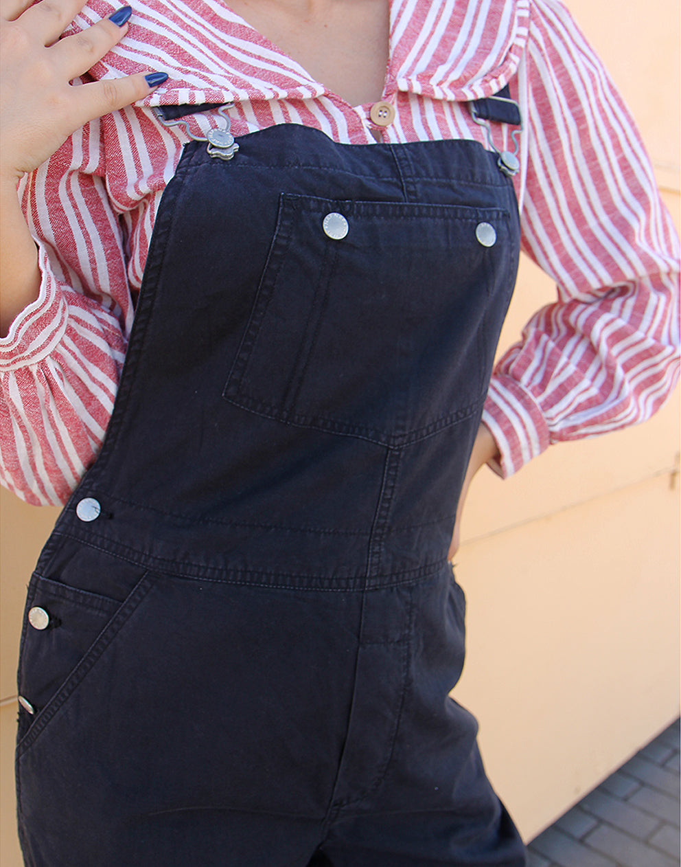 Black denim overalls for women