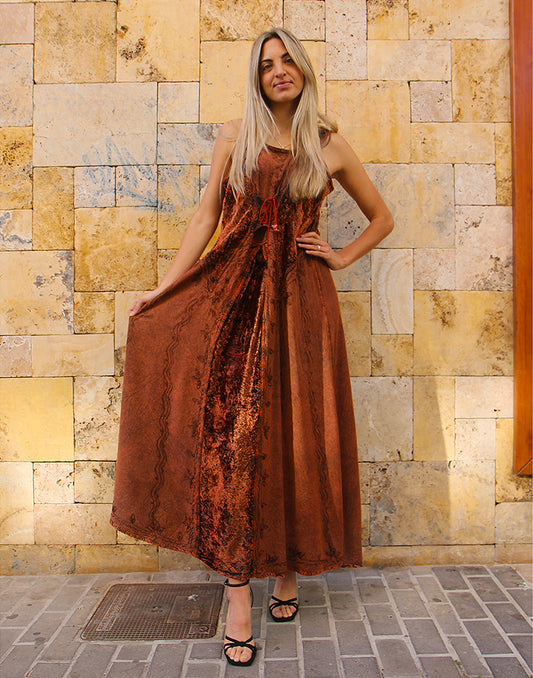 Long Boho Embroidered Dress in Brown