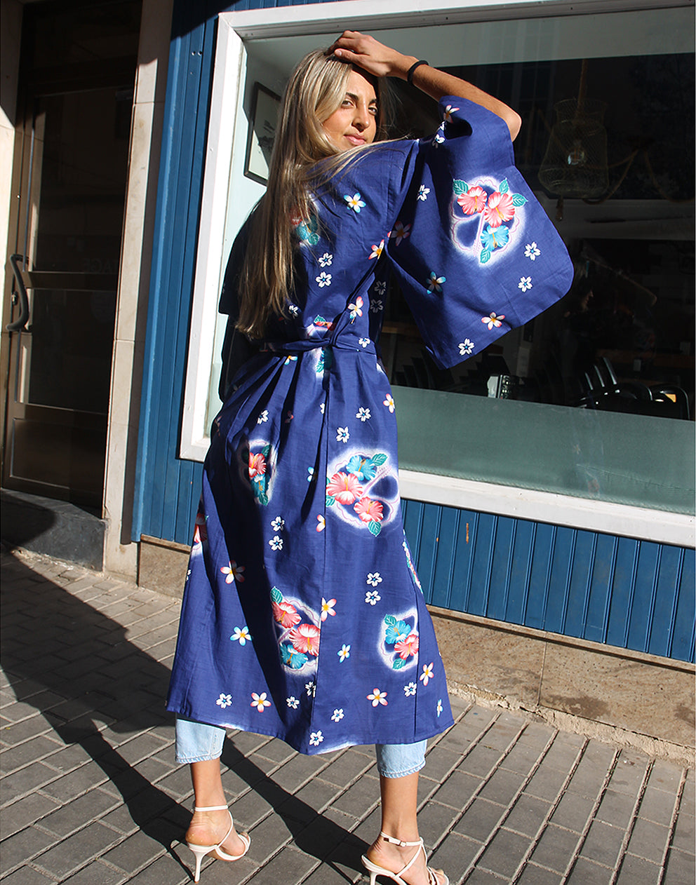 Long Floral Kimono in Blue
