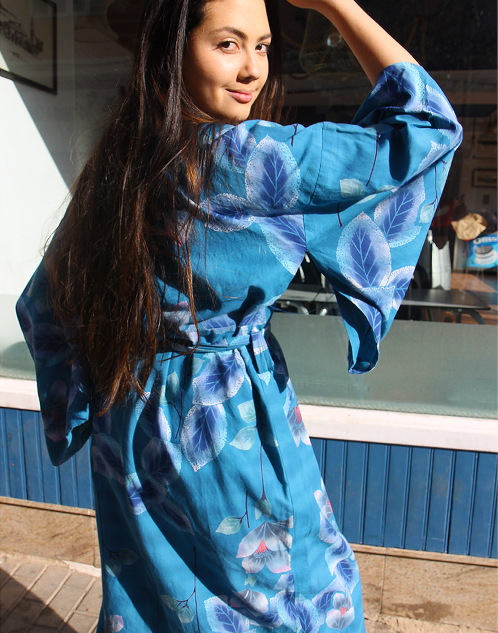 Long Floral Kimono in Blue 