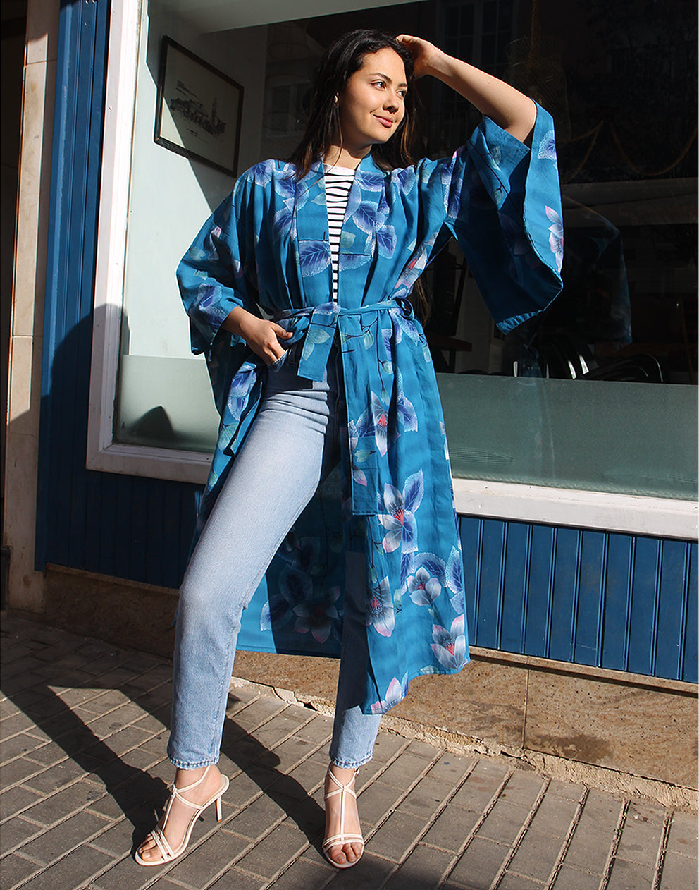 Long Floral Kimono in Blue 